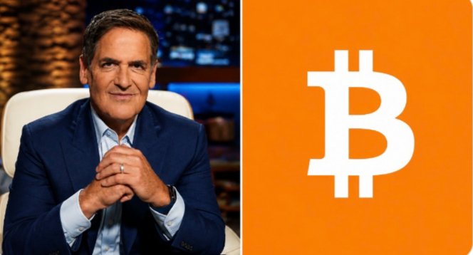 The image features Mark Cuban seated alongside a large orange Bitcoin logo. It relates to the post by visually anchoring the discussion of crypto's evolution, with the Bitcoin symbol symbolizing the digital-asset space Cuban suggests is being overtaken by computer chips as the next scarce resource.
