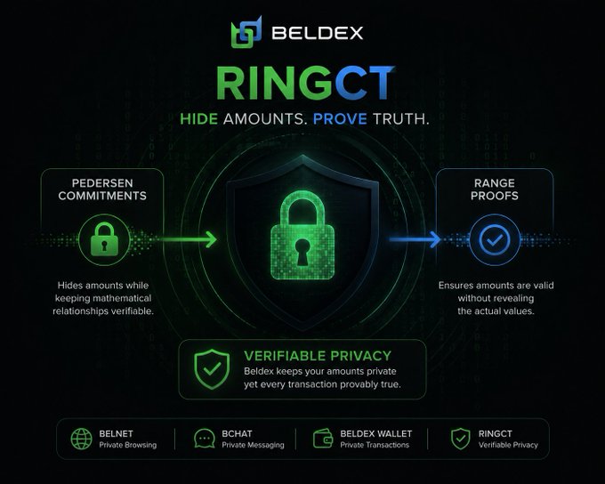 A promotional graphic for 'BELDEX RINGCT' explaining 'PEDERSEN COMMITMENTS' and 'RANGE PROOFS' with the tagline 'HIDE AMOUNTS. PROVE TRUTH.'