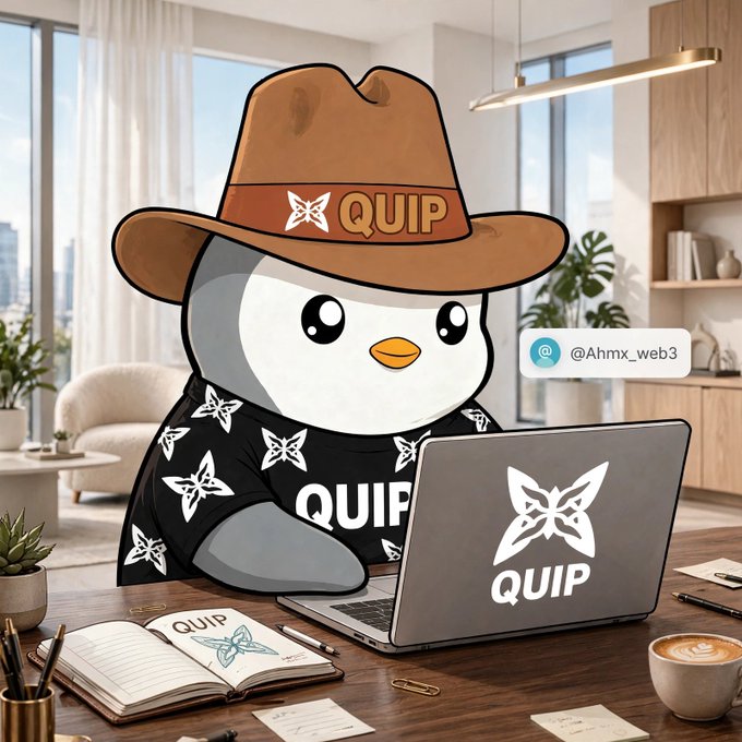 A cartoon penguin wearing a cowboy hat branded "QUIP" works at a desk with a laptop and notebook displaying the QUIP star logo, with a floating tag reading "@Ahmx_web3." The image visually reinforces the post's theme by personifying the Quip network as a friendly, approachable mascot that takes care of the complex infrastructure decisions, embodying the idea of "simple for us, complex underneath."