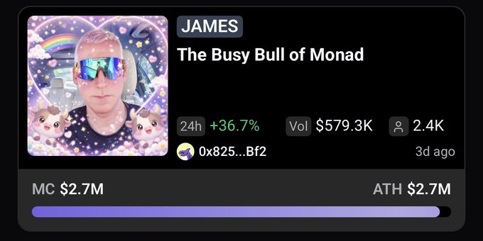 A crypto token profile card for 'JAMES - The Busy Bull of Monad' with a +36.7% 24h gain, market cap and ATH of $2.7M, volume of $579.3K, and 2.4K holders.