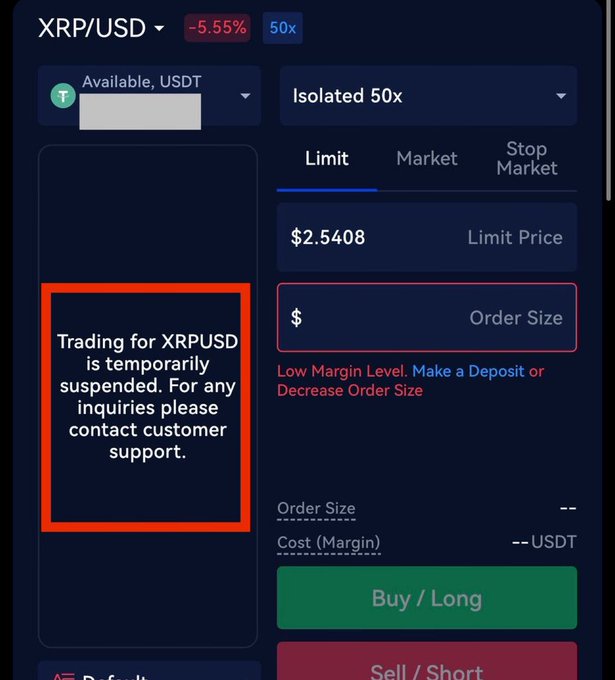 A trading interface shows XRP/USD perpetual futures trading has been suspended with a message reading "Trading for XRPUSD is temporarily suspended. For any inquiries please contact customer support," alongside a -5.55% price decline and a warning of "Low Margin Level." This image supports the post's claim that exchanges are restricting XRP long positions, suggesting coordinated suppression of bullish derivatives activity as the price drops.