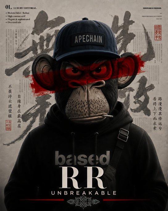 A poster featuring a gorilla wearing an 'APECHAIN' cap with text reading 'based RR UNBREAKABLE' and Chinese characters in the background.