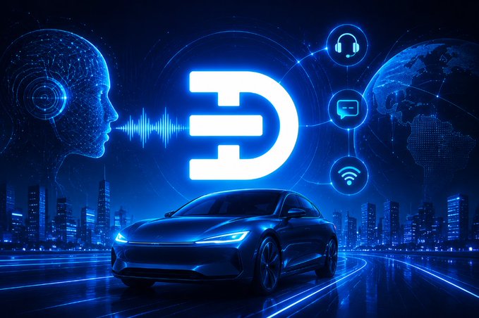 A sleek futuristic car sits beneath a glowing stylized "D" logo surrounded by AI, headset, chat, and Wi-Fi icons, with a digital human head and Earth visible against a neon cityscape. The image visualizes the post's message about Dtec AI Network powering the intelligent, connected communication layer that links AI, vehicle data, and DePIN to transform modern mobility.