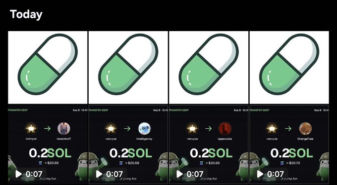 A screenshot displays four nearly identical entries on a crypto transaction tracker, each showing a transfer of '0.2 SOL' from the user 'netkype' to different recipients, with green pill icons above each transaction.