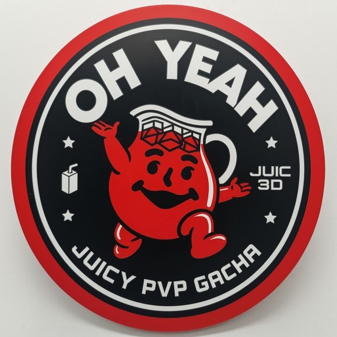 A circular red and black logo featuring the Kool-Aid Man character with the text 'OH YEAH', 'JUIC 3D', and 'JUICY PVP GACHA'.