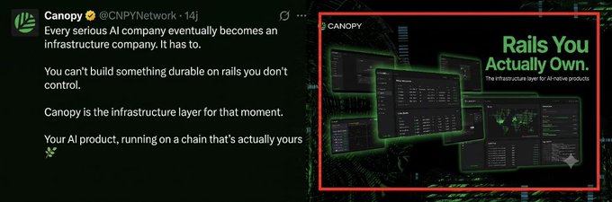 Tweet by @CNPYNetwork introducing 'Canopy' as an AI infrastructure layer, with promotional graphics reading 'Rails You Actually Own.'