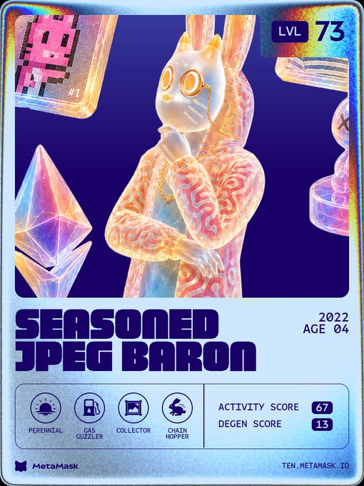 A digital collectible card titled 'SEASONED JPEG BARON' showing a holographic cat character in a hoodie, with stats like 'LVL 73', 'ACTIVITY SCORE 67', 'DEGEN SCORE 13', and labels 'PERENNIAL', 'GAS GUZZLER', 'COLLECTOR', 'CHAIN HOPPER' from MetaMask's 'TEN.METAMASK.IO'.