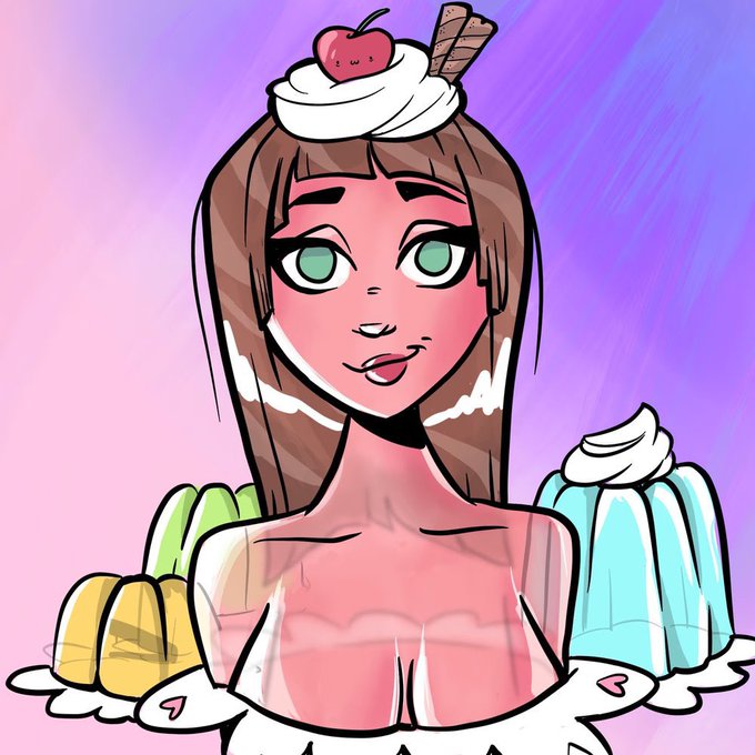 A digital illustration of a young woman with brown hair and green eyes, with whipped cream, a cherry, and a waffle cone on her head, surrounded by colorful jello molds against a pink and purple background.