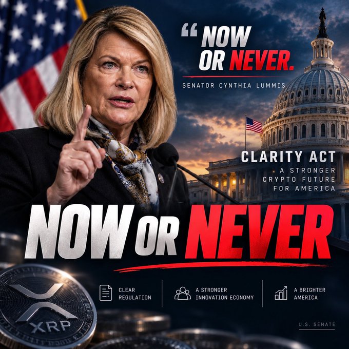 A political campaign graphic for Senator Cynthia Lummis promoting the 'CLARITY ACT' and 'NOW OR NEVER', featuring the U.S. Capitol building, an American flag, and XRP cryptocurrency imagery with text 'A STRONGER CRYPTO FUTURE FOR AMERICA', 'CLEAR REGULATION', 'A STRONGER INNOVATION ECONOMY', and 'A BRIGHTER AMERICA'.