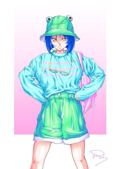 An anime-style illustration of a person with blue hair wearing an oversized light blue striped sweatshirt, green shorts, and a green frog hat with eyes, posing with hands on hips against a pink gradient background.