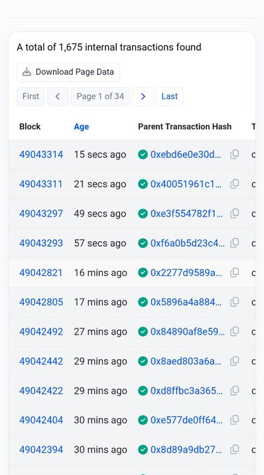A screenshot of a blockchain explorer interface displaying 'A total of 1,675 internal transactions found' with columns for Block, Age, Parent Transaction Hash, and transaction IDs starting with '0x'.