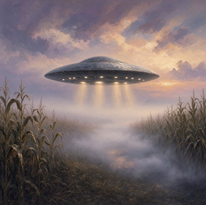 A classic flying saucer UFO hovers low over a misty cornfield at sunset, emitting beams of light downward in a painted, vintage sci-fi style.