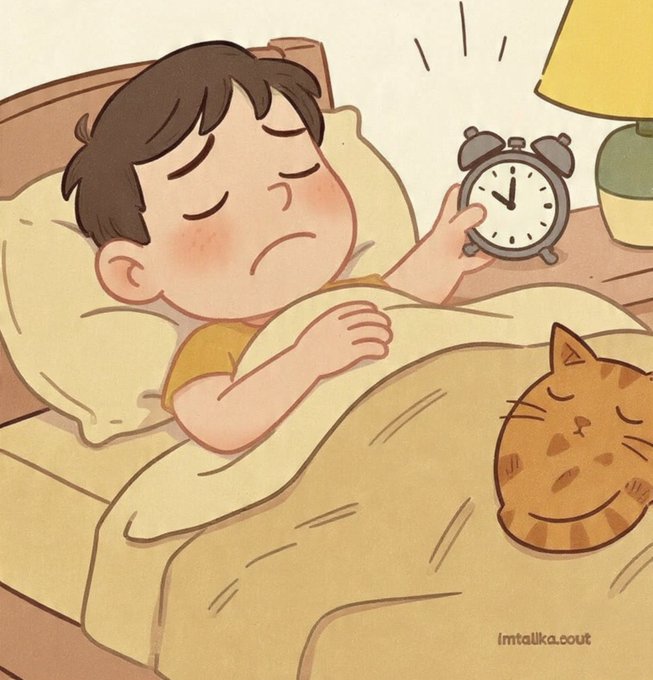 A grumpy boy reluctantly checks his alarm clock while snuggled in bed with his sleepy cat, illustrating the universal struggle of waking up to say "Gm." The image is signed "imtalka.out" in the bottom corner.