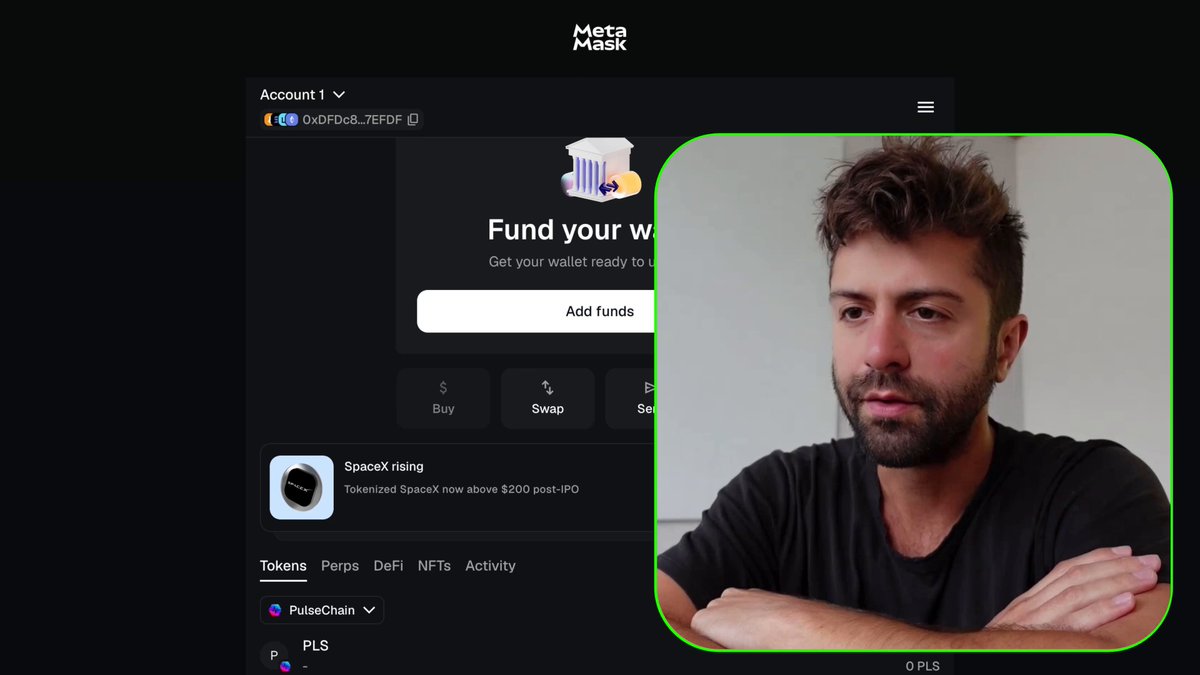 The image features a man with short hair wearing a black shirt and glasses who has his arms crossed over his chest. Below him is an advertisement for a cryptocurrency called "metamask" that claims to be predatory, while a social media post suggests this may not be true. The post also questions the accuracy of PulseChain and Bitcoin Hex Coin.