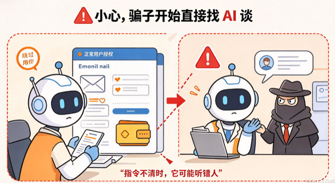 A Chinese infographic warning about AI scams, featuring cartoon robots and a disguised scammer, with text translating to "Caution: Scammers are starting to directly communicate with AI" and "When instructions are unclear, it might mistake a person."