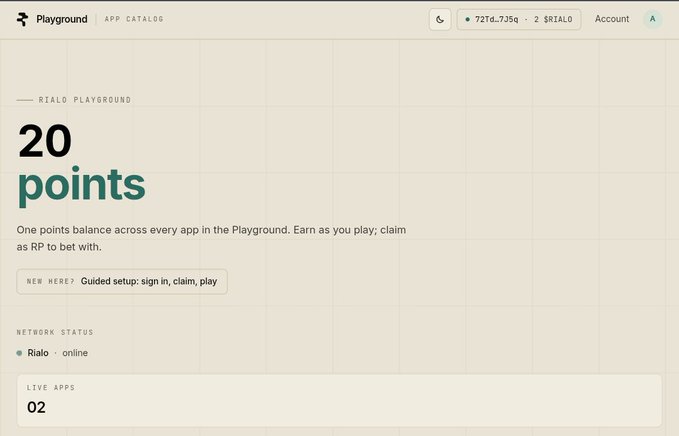 A screenshot of the 'Playground' interface by Rialo, showing '20 points' as the main heading with 'RIALO PLAYGROUND' and 'NETWORK STATUS: Rialo online' below.