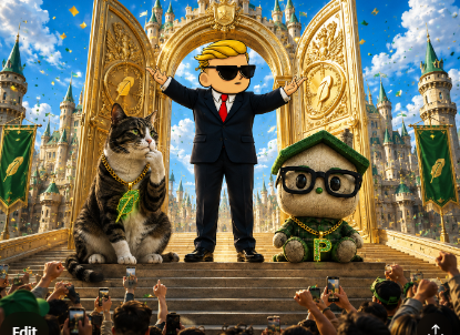 The image shows a meme-style figure wearing a "P" cap standing between a cat and a plush toy, both also adorned with green "P" accessories, in front of a golden castle while a cheering crowd takes photos below. The text "Edit" appears in the bottom left, and the green "P" branding throughout ties directly to the $PONS ecosystem promotion in the post, framing the coin's community as a royal, celebratory "kingdom" rallying behind it.