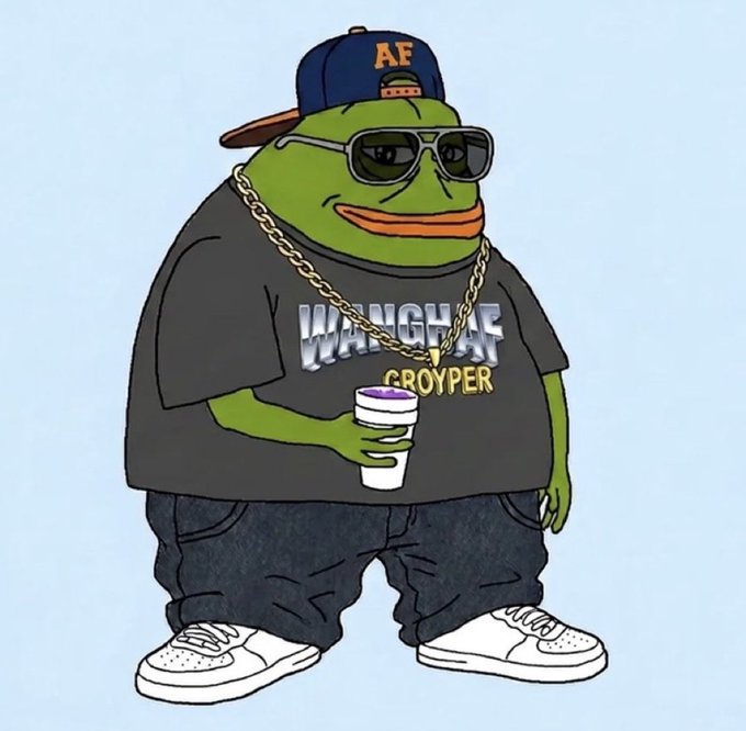 The image shows a stylized cartoon frog (the "Pepe" meme) wearing a snapback cap, sunglasses, and a gold chain, holding a cup, with a t-shirt reading "WANGHAF GROYPER." The accompanying post about accumulating more $GROYPER is humorously personified by the smug, "stacked" Pepe character, visually representing growing holdings of the $GROYPER meme token.