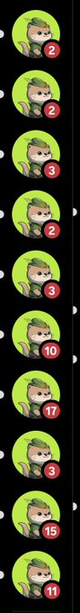 A vertical series of identical cartoon avatars of a character with green hair and cap in green circles, each with a red notification badge showing varying numbers: 2, 2, 3, 2, 3, 10, 17, 3, 15, 11.