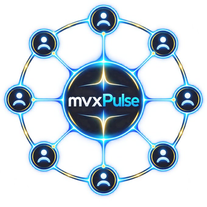 A digital graphic featuring a central glowing orb with the text 'mvxPulse', connected by blue energy lines to eight surrounding circular user profile icons arranged in a symmetrical pattern.