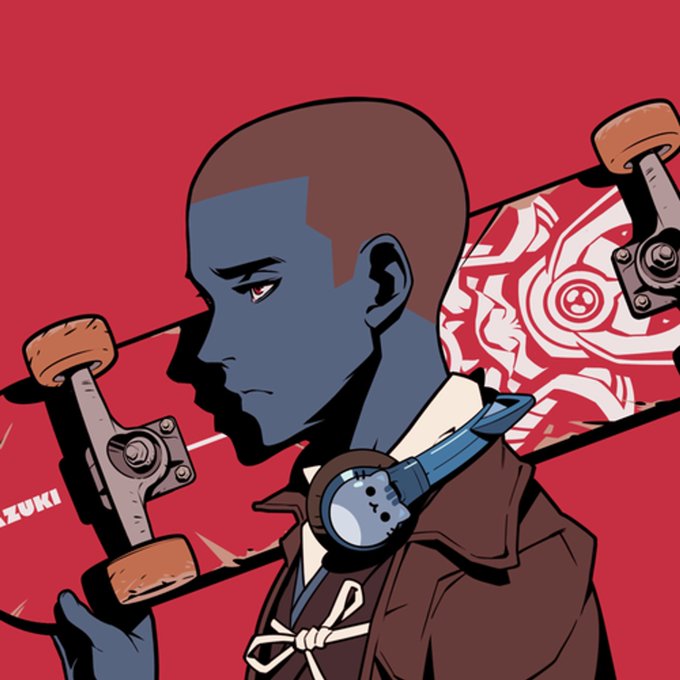 An anime-style illustration shows a dark-skinned character with short hair holding a skateboard over their shoulder, featuring 'AZUKI' branding visible on the deck against a red background.
