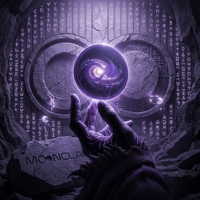 A cloaked hand conjures a glowing purple orb containing a swirling galaxy before an ancient stone inscribed with runic script and the text "MOONCLAVE," visually evoking the mystical, oracle-verified truth that the @themoonclave prediction market promises to deliver to $MCV holders.