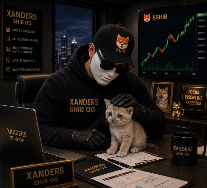 The image shows a masked figure wearing a Shiba Inu cap and "XANDERS SHIB OG" hoodie, petting a kitten at a desk surrounded by $SHIB merchandise and a rising price chart, while the post announces the launch of "$CASHKITTY" as the new "baby" token of Cash Cat on LetsCashFun, featuring a trade-based flywheel with ETH creator rewards and $CASHCAT burns.