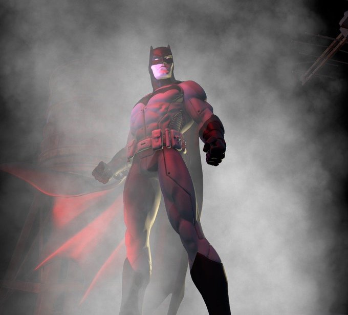 A low-angle shot of a Daredevil action figure or statue in a red costume stands shrouded in smoke against a dark background.