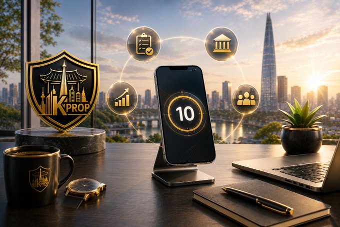 A digital illustration displaying a smartphone showing the number '10', surrounded by floating icons of charts, buildings, and people, with a 'K-PROP' shield logo, a laptop, and a coffee mug on a desk against a city skyline.