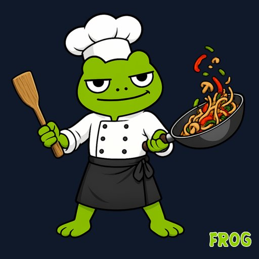 A cartoon illustration of a green frog dressed as a chef in a white uniform and hat, holding a wooden spoon and tossing noodles with vegetables in a wok.