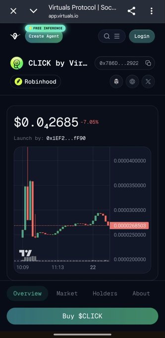 A mobile view of the Virtuals Protocol app showing a token 'CLICK by Vir...' launched on Robinhood, with a price of $0.0002685 and a candlestick chart displaying a 7.05% change.