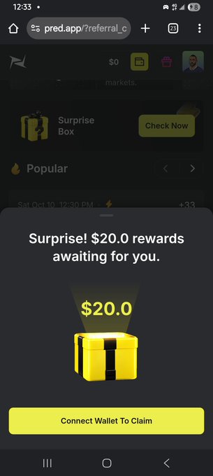 A mobile phone screenshot of an app interface showing a "Surprise Box" pop-up that claims "$20.0 rewards" and has a yellow button to "Connect Wallet To Claim".