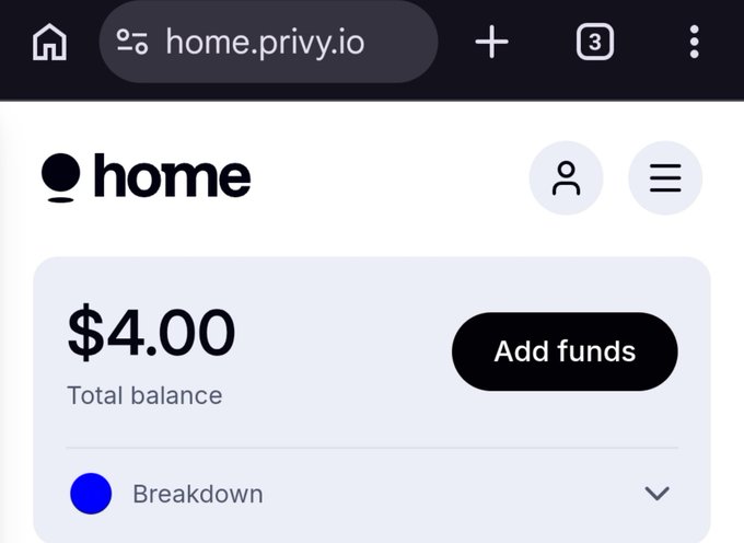 A screenshot of home.privy.io showing a total balance of $4.00 with an "Add funds" button and a Breakdown section, matching the post's claim of having received $4 to check on the platform.