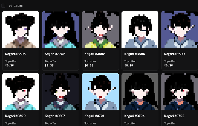 The image features a collection of nine different faces or characters, each with unique hairstyles and clothing styles. The faces are arranged in a grid-like pattern, showcasing various combinations of black hair and colorful outfits. The text accompanying the images includes information about the characters' origins, such as "Kegari" and "top offer", which suggests that these characters might be part of an online marketplace or a virtual store selling digital artwork or merchandise related to the characters depicted in the image.