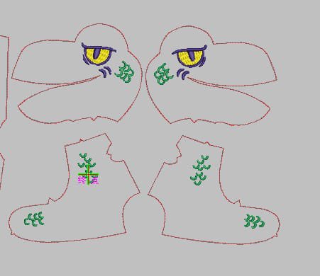 An embroidery pattern design featuring the green crocodile character Croc, shown as mirrored outline pieces (head, eye, and body sections) with leaf and pink flower details, ready to be stitched into a plush toy for the "Chomp chomp" minters and holders.