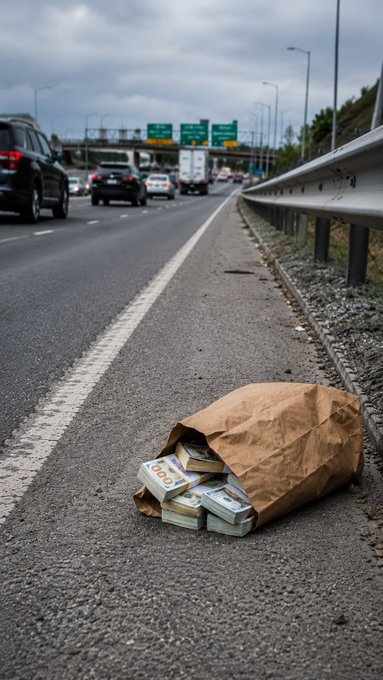 The image shows a brown paper bag filled with money laying on the ground near a highway. The text "Don't skip, Money will locate you today" suggests that someone has lost their money but left it behind for others to find and claim.