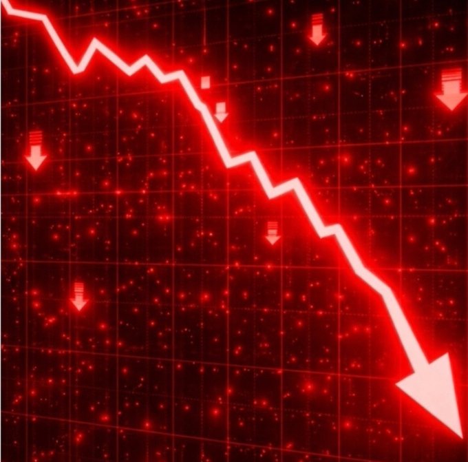 A bright red, jagged downward-trending arrow dominates a dark grid background, symbolizing a sharp market crash or steep price decline. This visual reinforces the post's apology to $LAPTOP investors, illustrating the severe drop in the coin's value.