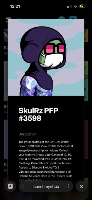 A mobile screen displaying a digital NFT profile picture called 'SkulRz PFP #3598' showing a hooded cartoon character with sunglasses, available on launchmynft.io.