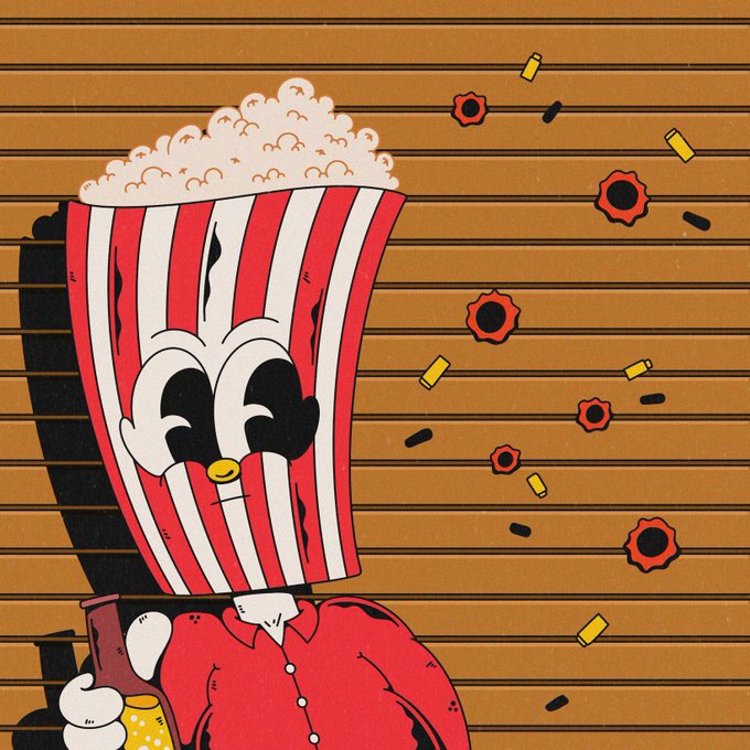 A cartoon illustration of an anthropomorphic red-and-white striped popcorn bucket with large eyes, wearing a red shirt, holding a beer mug against an orange striped background with flying bullet casings and gunpowder puffs.