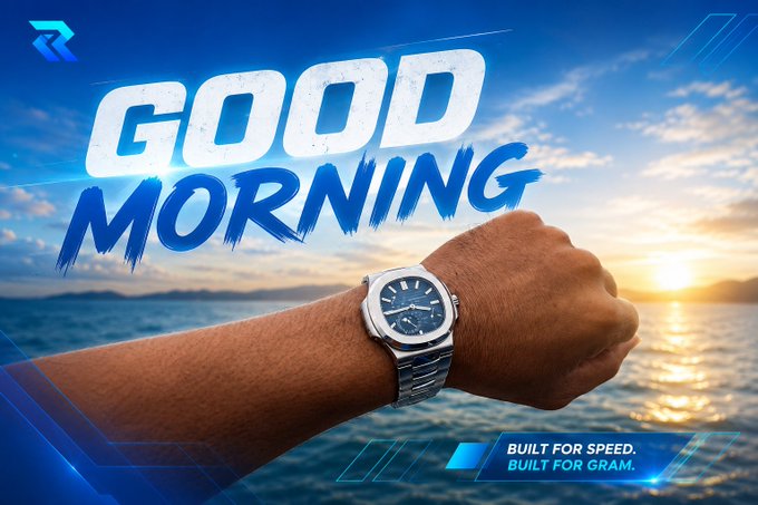 An advertisement featuring a silver watch on a wrist against a sunset ocean background, with the text 'GOOD MORNING' and 'BUILT FOR SPEED. BUILT FOR GRAM.'