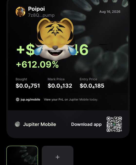 A crypto trading app screenshot showing 'Poipoi' with gains of '+612.09%', bought at $0.03751 with mark price $0.03132 and entry price $0.04185, dated Aug 16, 2026, featuring a crying laughing tiger emoji.
