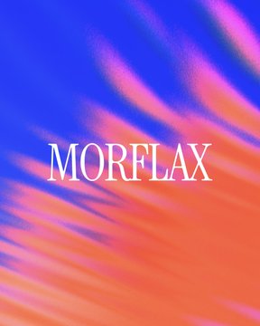 A vibrant gradient background of blue and orange hues with streaking light effects features the text 'MORFLAX' in white serif letters in the center.