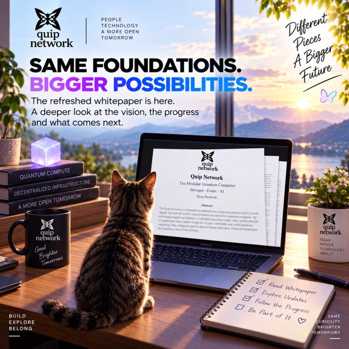 A promotional graphic for 'quip network' featuring the text 'SAME FOUNDATIONS. BIGGER POSSIBILITIES.' and 'The refreshed whitepaper is here,' showing a cat on a desk looking at a laptop displaying the Quip Network whitepaper.