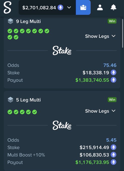 A Stake.com betting interface showing two winning multi-leg bets: a 9-leg multi with odds of 75.46 paying out $1,383,740.55, and a 5-leg multi with odds of 5.45 paying out $1,176,733.95.