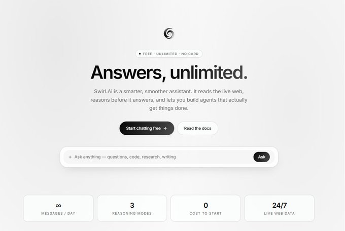The image shows the landing page for Swirl.AI, featuring the tagline "Answers, unlimited." and promoting a free, unlimited AI assistant with no card required. The announcement confirms that Swirl is officially live on Swirls.Chat (CA: 0xff23d2eab1e714949afa26851855a0a70e51bff3), aligning with the page's call-to-action "Start chatting free" and features like unlimited messages/day and live web data.