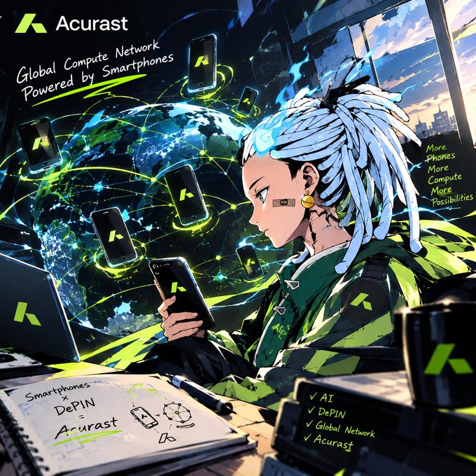 An anime-style promotional graphic for 'Acurast' featuring a character with white dreadlocks and futuristic cybernetic markings, with text 'Global Compute Network Powered by Smartphones' and 'Smartphones + DePIN = Acurast', listing features like AI, DePIN, Global Network, and Acurast.