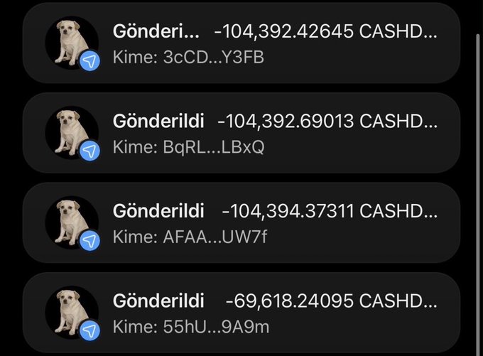 The image shows a crypto wallet transaction history displaying multiple outgoing transfers of CASHD tokens, with amounts including -104,392.42645, -104,392.69013, -104,394.37311, and -69,618.24095 CASHD, sent to various abbreviated wallet addresses. This appears to be evidence supporting the post's claim of distributing $CASHDOG airdrops, as the user has been sending large quantities of CASHD tokens from their wallet to multiple recipients, demonstrating the "airdrop" activity being promoted alongside the contract address "G2BKR7Dz1LyNyC5xdK3hn4c9iBnXCEVCweQHBcrWpump."
