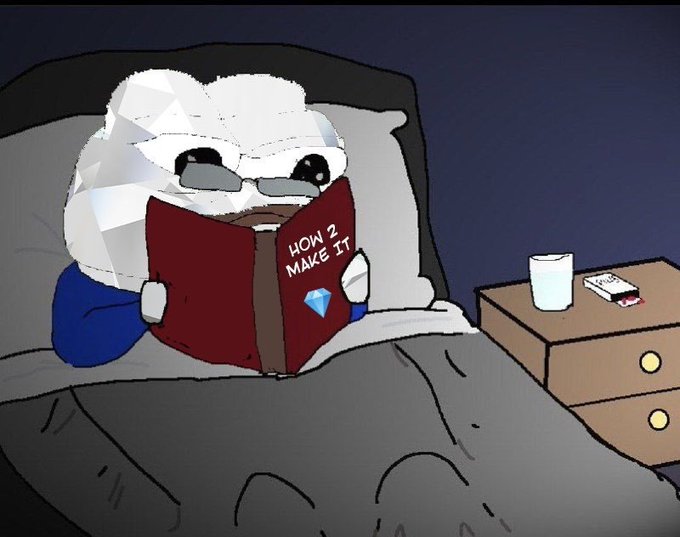 Animated meme illustration of a sad-looking diamond/chicken character lying in bed reading a red book titled 'HOW 2 MAKE IT' with a diamond logo, next to a nightstand with water and a phone.