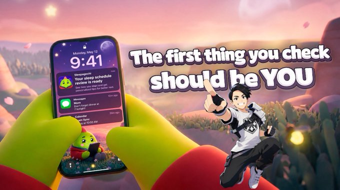 The image features a person holding up their phone displaying an app icon with the text "The first thing you check should be YOU." The background of the image shows a sunset over mountains, creating a serene atmosphere.