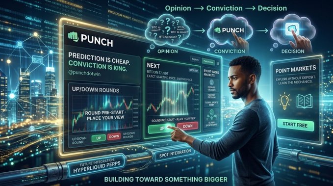 A promotional graphic for 'PUNCH' (@punchdotwin) features a man interacting with digital panels showing prediction market concepts, with the tagline 'PREDICTION IS CHEAP, CONVICTION IS KING' and 'BUILDING TOWARD SOMETHING BIGGER'.